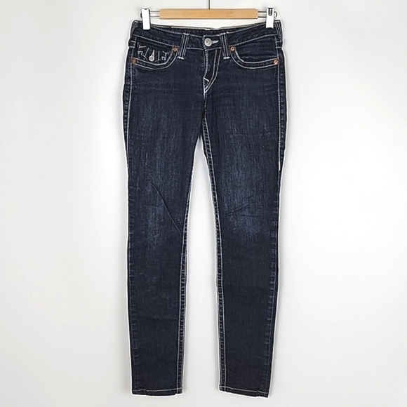 True Religion Women's  Denim Skinny Dark Wash Blue Jeans White Stitch Size 27 - Picture 1 of 16